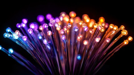 Vibrant fiber optic strands spreading in fan shape with glowing blue, purple, pink and orange light dots against dark background, creating modern technology pattern.