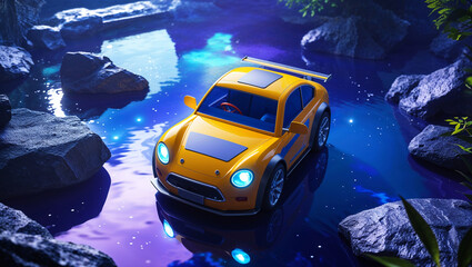 Creative 3d render of a yellow sportscar floating in a serene blue water landscape
