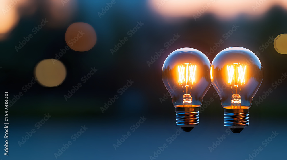 Aufkleber two glowing vintage filament light bulbs against dark blurred background with bokeh lights creating 