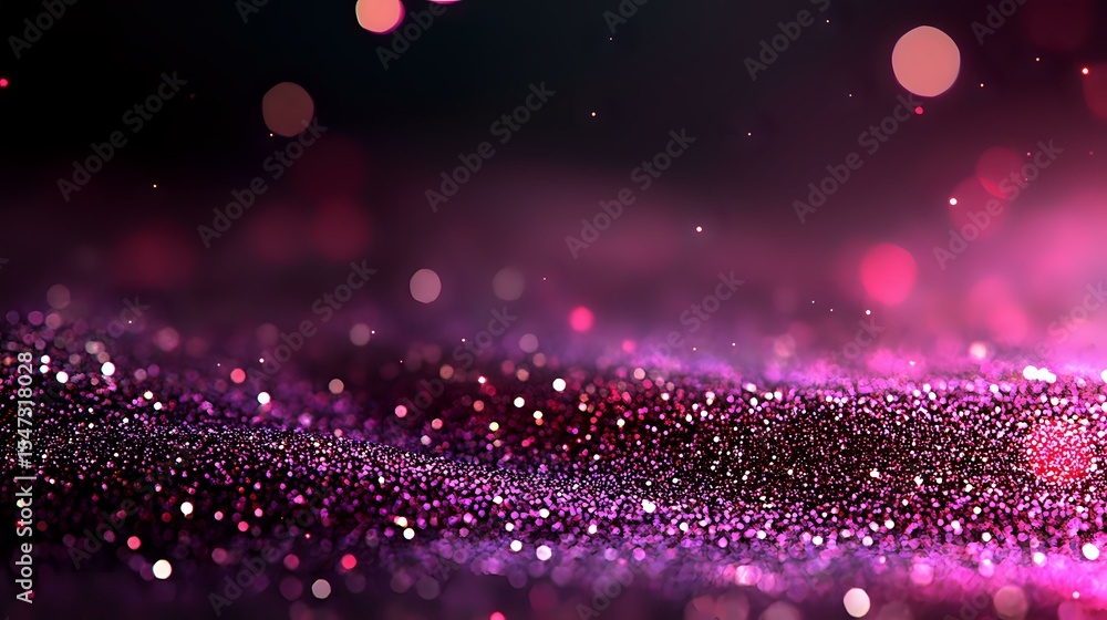 Poster magical pink and purple glitter particles on dark background with bokeh effect and sparkles creating