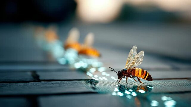 Bee macro close up insect outdoor nature summer detailed wing yellow black animal glowing path with vibrant colors, beautiful pollinator urban environment, detailed focus pavement, natural wildlife