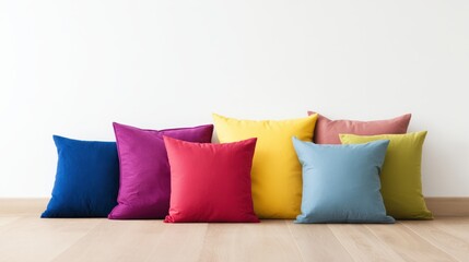 Colorful decorative pillows arranged on a wooden floor against a plain wall, creating a cozy atmosphere