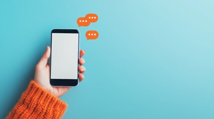 Hand holding smartphone with blank screen and chat bubbles on blue background, mobile communication, texting, technology, social media interaction, messaging apps.