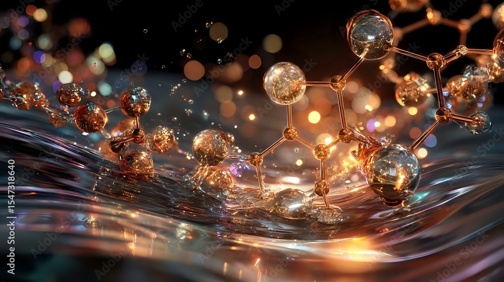 Poster magical water drops splashing with glowing bokeh lights creating ethereal spheres and ripples on dar
