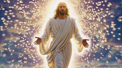 Radiant depiction of resurrected Jesus Christ surrounded by divine light and sparkles, symbolizing eternal life, Christian glory, victory over death, heavenly power, and resurrection promise