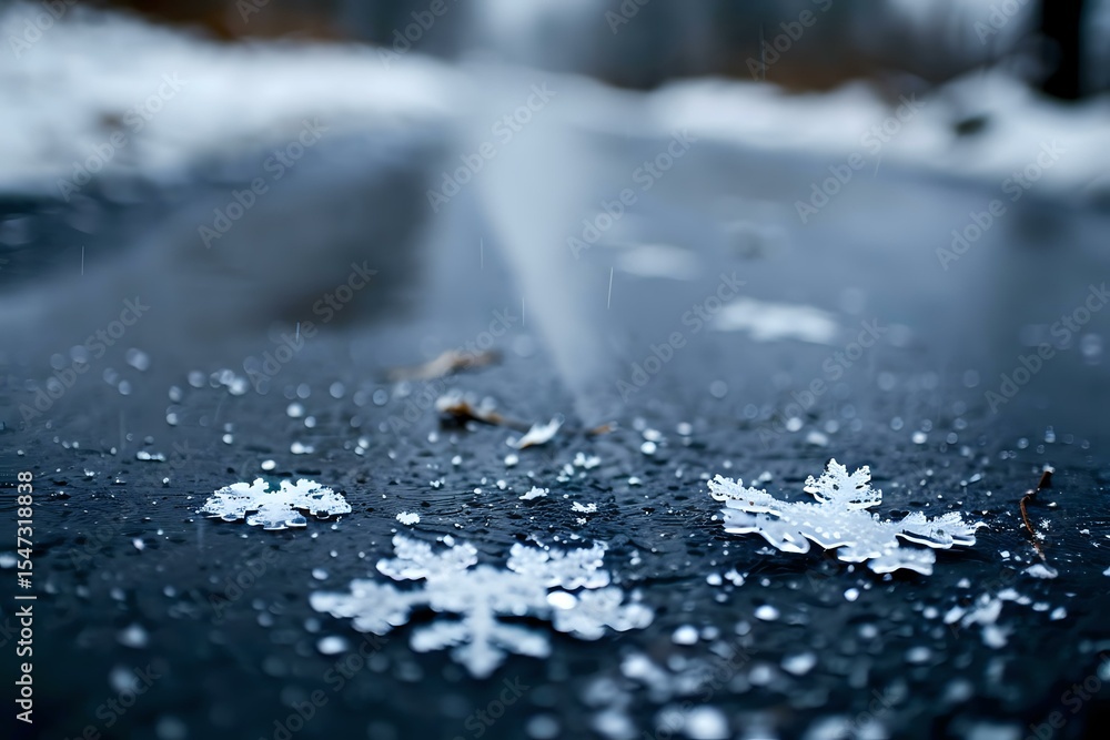 Poster delicate snowflakes on dark surface with soft blur background create winter atmosphere. close up mac