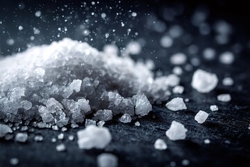 Coarse sea salt crystals are falling on a dark background, creating a dynamic and textured image that captures the essence of this natural ingredient