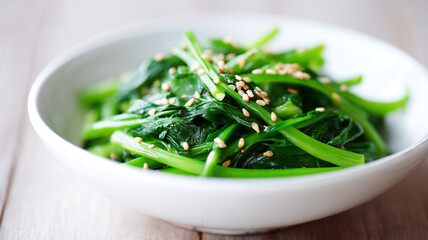 Fototapeta premium Steamed green spinach leaves topped with toasted sesame seeds served in white bowl, fresh and healthy vegetable dish
