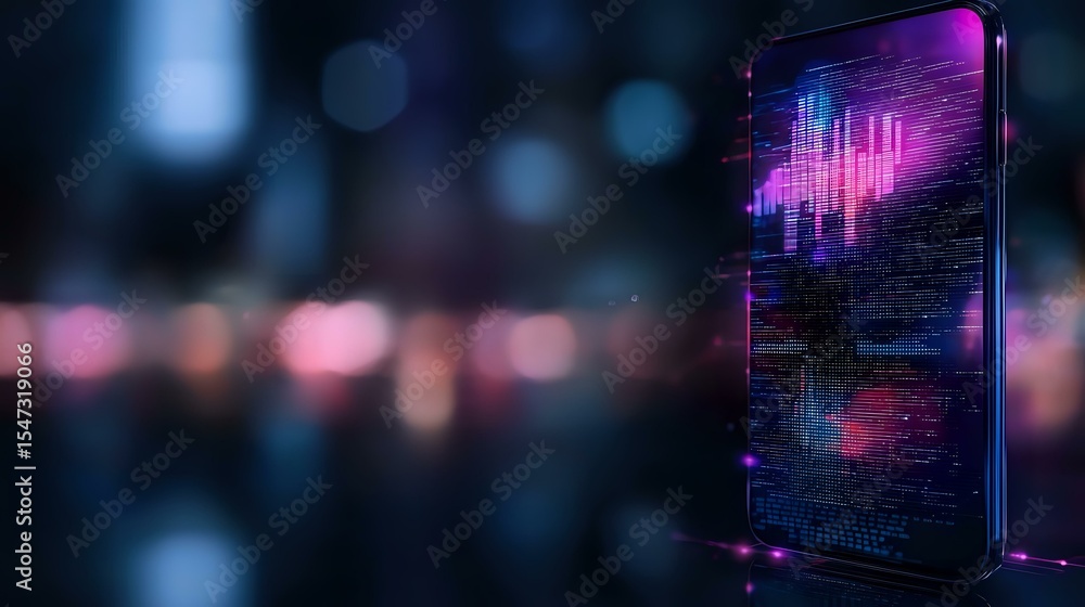 Poster glowing smartphone displaying neon pink financial charts and data visualization against dark blurred