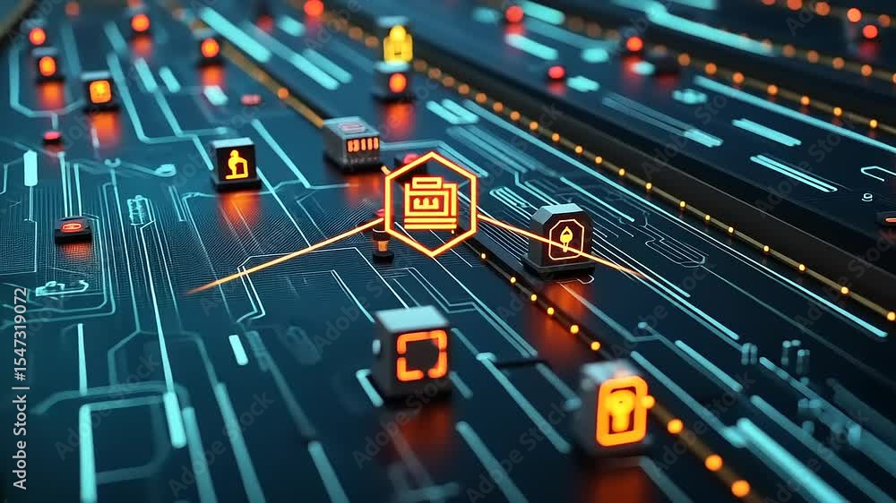 Poster digital circuit board with glowing icons representing technology, finance, and security elements