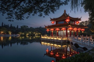 Fototapeta premium Illuminated chinese pavilion over serene lake at dusk