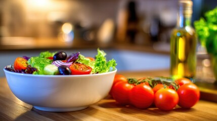 Freshly prepared salad with vibrant vegetables on a wooden kitchen table, olive oil in background