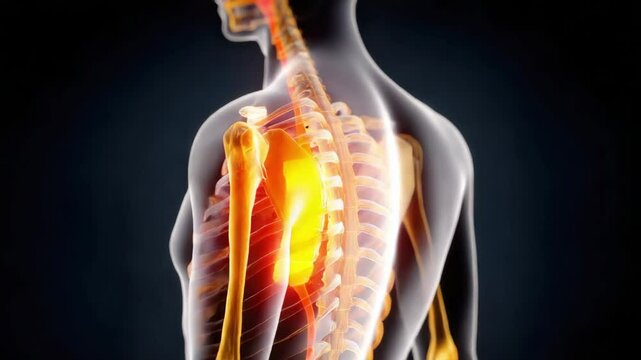 A digital illustration of the human upper torso highlighting the esophagus and ribcage with a glowing effect.