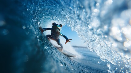 Naklejka premium A vibrant frog rides a surfboard inside a beautiful blue ocean wave, showing skill and playfulness in nature.