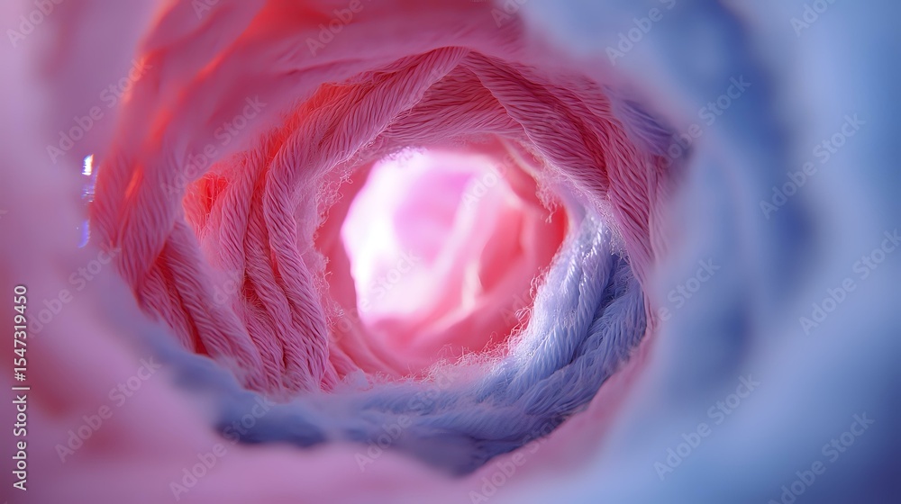 Poster abstract tunnel view with glowing pink light at end, surrounded by soft textured walls in coral and 