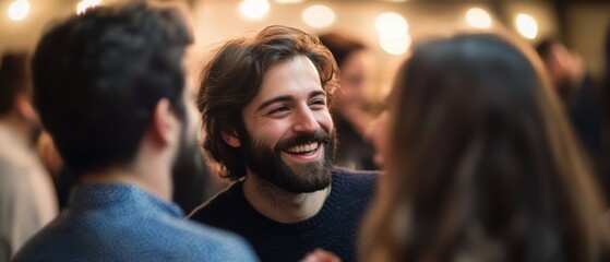 Obraz premium Smiling man engaging in conversation with friends at social gathering enjoying lively atmosphere and building connections in a vibrant setting.