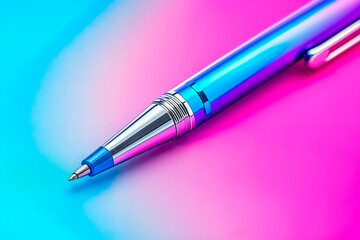 A blue pen sitting on top of a pink and blue surface