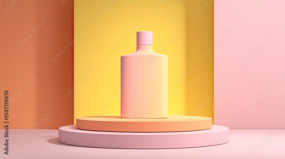 Poster minimalist bottle design displayed on colorful circular platforms.