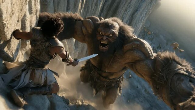 Epic battle scene depicting David slaying Goliath, showcasing intense struggle and determination. Inspired by the biblical story from 1 Samuel 17.