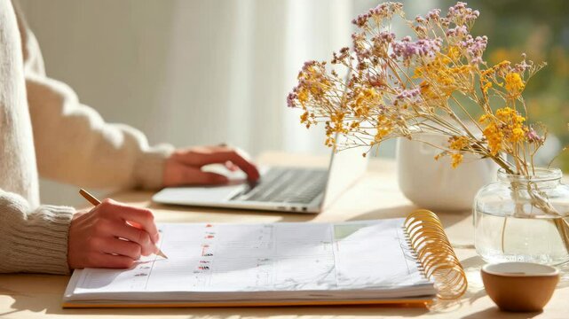 A person writes in a planner while using a laptop at a sunlit desk with a vase of dried flowers.