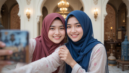 A young Arabian Muslim sister's posing for selfie at the time of Ramadan and Eid.