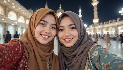 A young Arabian Muslim sister's posing for selfie at the time of Ramadan and Eid.