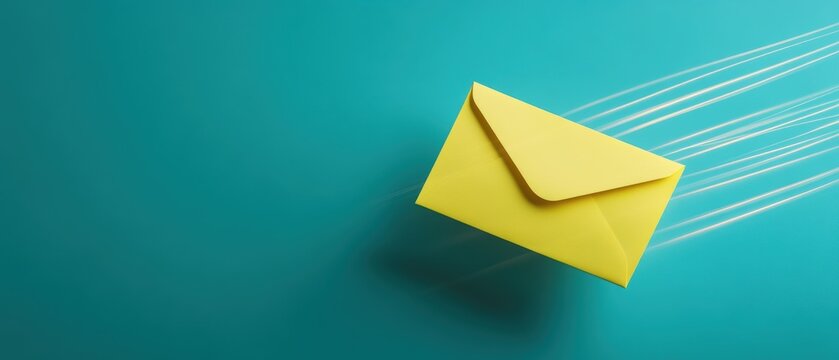 Yellow envelope flying through the air on a turquoise background with speed lines representing fast delivery, mailing, communication, and correspondence.
