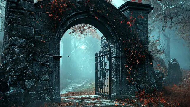 Mysterious Gate in Foggy Forest