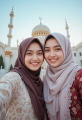 A young Arabian Muslim sister's posing for selfie at the time of Ramadan and Eid.