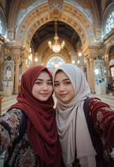 A young Arabian Muslim sister's posing for selfie at the time of Ramadan and Eid.