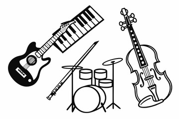 Fototapeta premium Various musical instruments isolated on white background in black and white