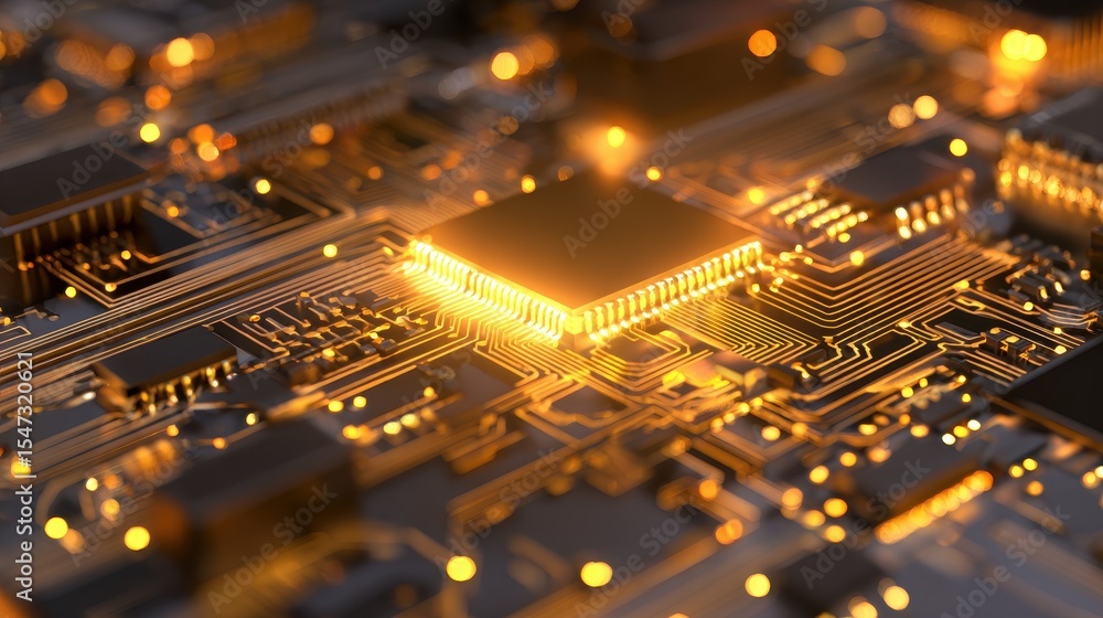 Poster close-up view of a glowing microchip on a circuit board showcasing intricate details and connections