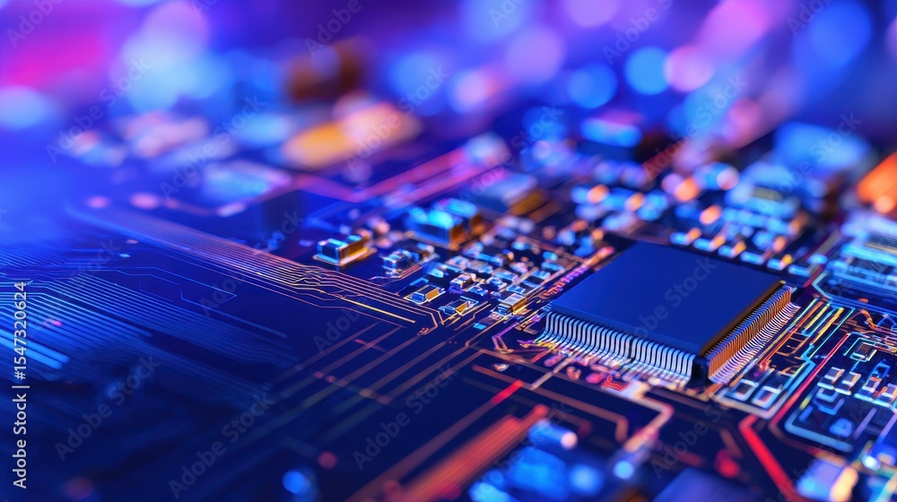 Poster close-up view of a vibrant microchip with glowing circuitry on a dark background