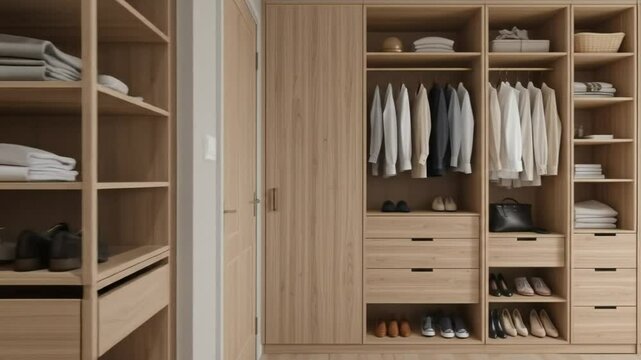 Wooden wardrobe with tiered design, compact home interior storage. Wardrobe with clothes, drawers, shoes, shelves. 4k video