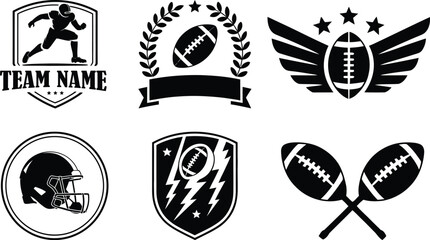 Set of American football logo designs featuring player silhouettes, ball, helmet, shield, and club emblems