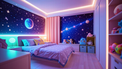 Enchanting modern childrens bedroom interior with vibrant galaxy themed wall murals and lighting