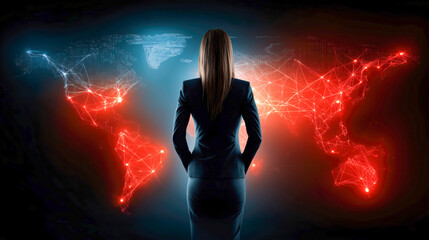Executive woman stands confidently before giant digital world map with glowing red and blue data points, sharp lighting.