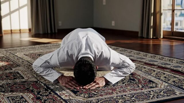 Muslim man in full sujood (prostration) during prayer on carpet in a home, representing deep devotion, worship, submission to God, spiritual discipline, and the core of Islamic practice