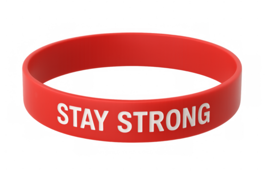 Red silicone bracelet showing stay strong encouraging message on transparent background
