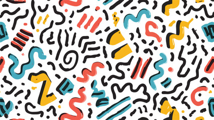 Obraz premium Abstract Seamless Pattern with Bold Black Lines Coral Red Teal Yellow Shapes and Swirls on White Background 80s Style Retro Design Element