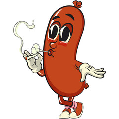 Cheerful sausage cartoon mascot smoke calmly, fun meat snack character illustration, isolated high-quality vector perfect for branding and design use, work of hand drawn