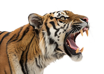 Obraz premium tiger-roaring-with-its-sharp-teeth-visible- isolated on white background png, ai generated