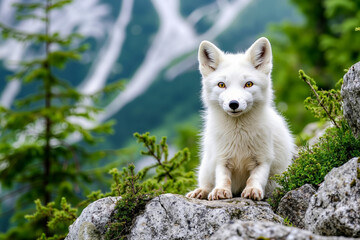 Obraz premium A white fox sitting on top of a rock in the mountains