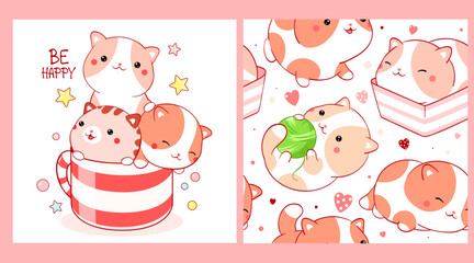 Set of seamless pattern and one print with cute cats in kawaii style. Endless texture can be used for textile pattern fills, t-shirt design, web page background. Inscription Be happy. Vector EPS8