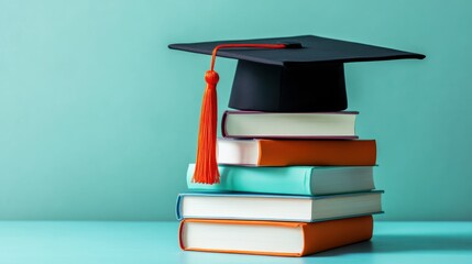 Graduation cap on stack of textbooks representing academic achievement, success in education, learning, and future opportunities for students and graduates.