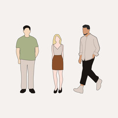 Fototapeta premium flat minimal people male and female vector illustration in spring summer clothing with outline concept isolated set collection. For architecture rendering, graphic design, info graphic, media