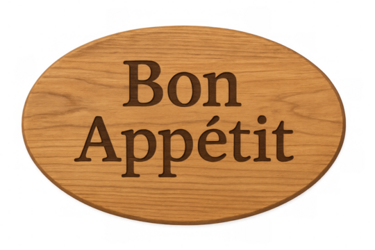 Oval wooden sign showing bon appétit on transparent background