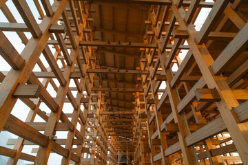 Osaka-Kansai, japan - may 2 2025 Construction details with teak wood, joints between elements