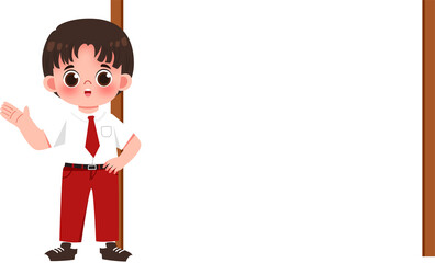 Boy in school uniform presenting beside blank white board.