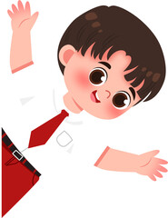 Animated Boy in Uniform Peeking, Open Arms, Cheerful Expression, Illustration.